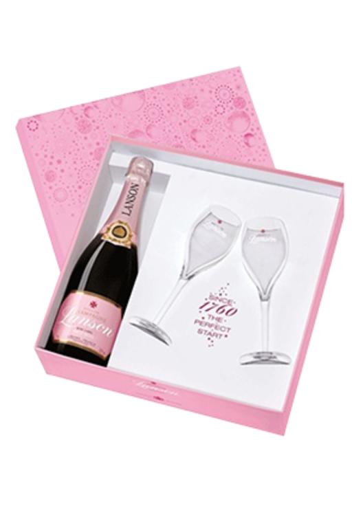 Champagne Lanson Rosé Label  s dvomi pohármi